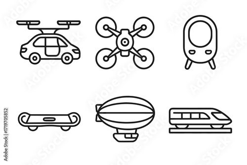 Futuristic transportation icons: car, drone, train, hoverboard, airship