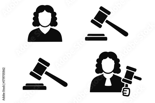 Icon set: female judge silhouettes and gavels in black and white