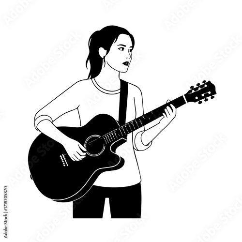 Black and white line art of a cool woman playing guitar in casual outfit minimalist stylish illustration