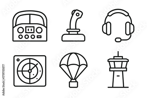Aviation equipment icons: radio, joystick, headset, radar, parachute, control tower