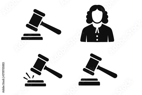 Judicial symbols: gavel variations and judge silhouette in black icons