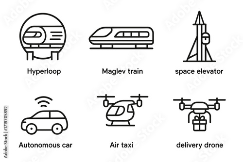Futuristic transport: hyperloop, maglev train, space elevator, autonomous car, air taxi, delivery drone