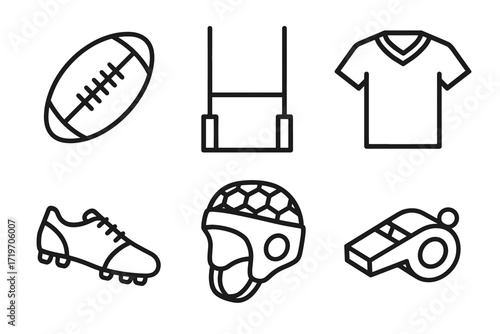 Outline icons of rugby equipment: ball, goal, jersey, cleats, helmet, whistle