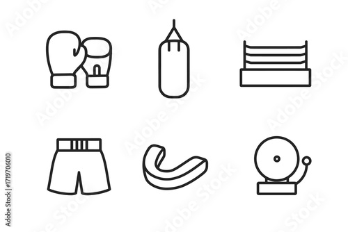 Boxing equipment icons: gloves, heavy bag, ring, shorts, mouthguard, bell