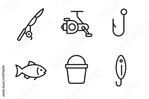 Fishing equipment icons: rod, reel, hook, fish, bucket, lure in simple line art