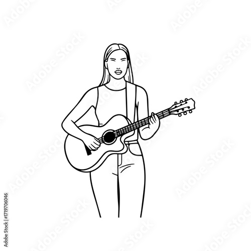 Black and white line art of a cool woman playing guitar in casual outfit minimalist stylish illustration