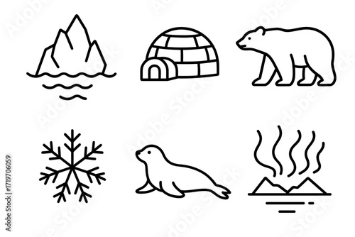 Arctic symbols: iceberg, igloo, polar bear, snowflake, seal, volcano line icons
