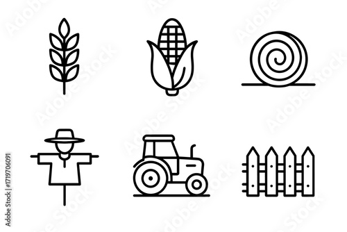 Farm icon set: wheat, corn, hay bale, scarecrow, tractor, fence