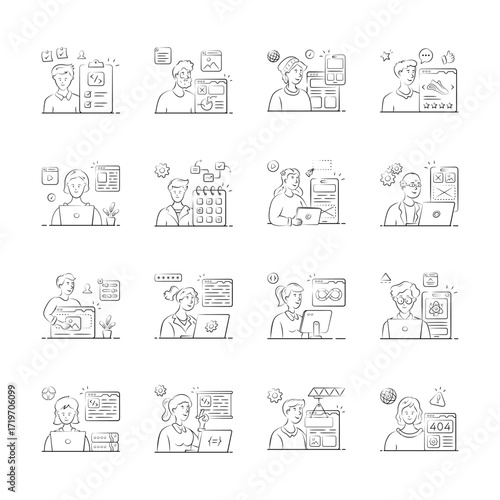 A set of illustrations showcases a variety of web developers working on different digital projects.