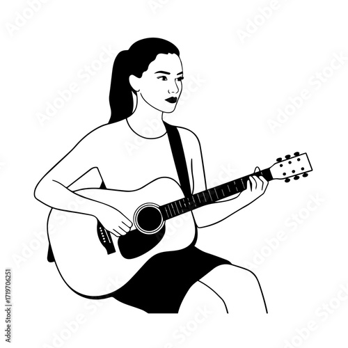 Black and white line art of a cool woman playing guitar in casual outfit minimalist stylish illustration