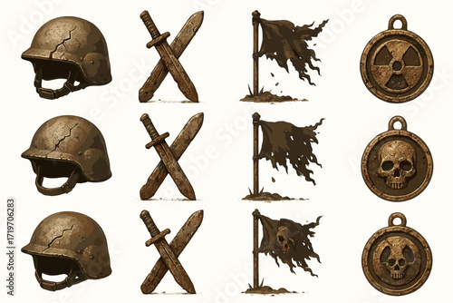 Vintage military icons: helmets, swords, flags, and medals with weathered details