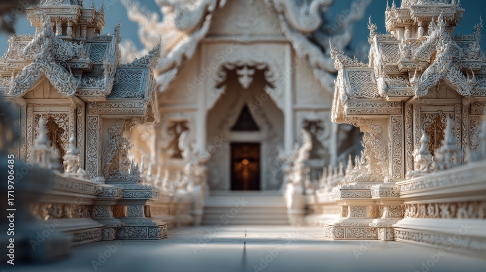 Obraz premium Elaborate Ivory Temple Facade Showcasing Intricate Architecture and Cultural Heritage