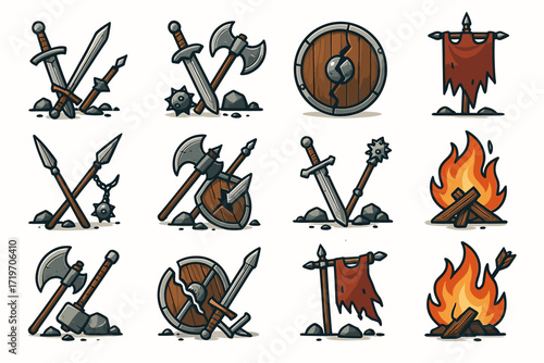 Medieval weaponry and shields with campfires and banners