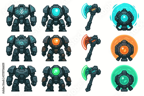 Collection of four powerful futuristic combat robots and weapons