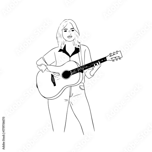 Black and white line art of a cool woman playing guitar in casual outfit minimalist stylish illustration