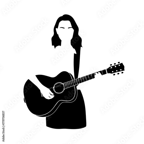 Black and white line art of a cool woman playing guitar in casual outfit minimalist stylish illustration