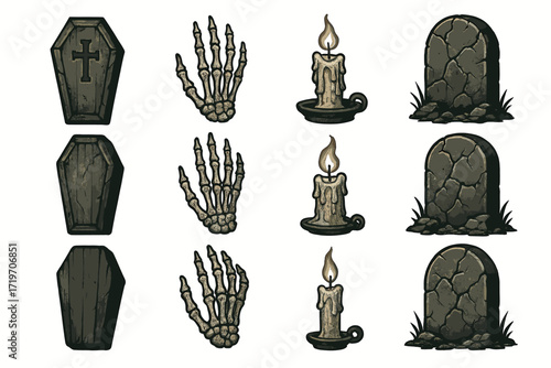 Halloween icons: coffins, skeleton hands, candles, gravestones in a spooky theme