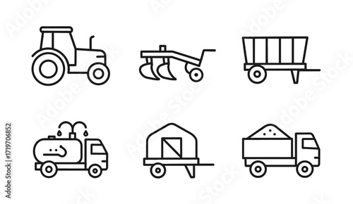 Farming transport icons: tractor, plow, trailer, tanker, greenhouse, dump truck