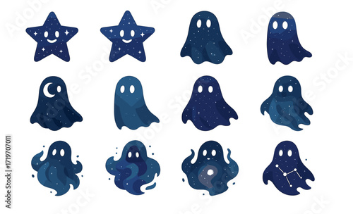 Cute galactic ghost characters with stars and constellations in various forms
