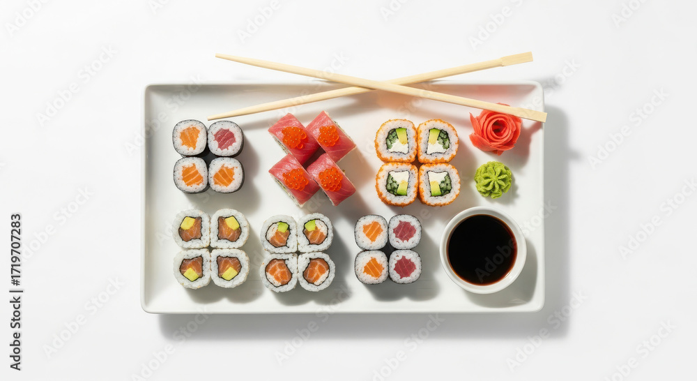Assortment of delicious sushi rolls and nigiri served on a white platter with chopsticks