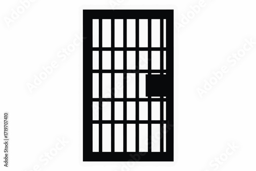Black metal prison cell door with vertical bars and a lock mechanism
