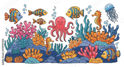 A vibrant underwater scene teeming with marine life, , featuring colorful fish, coral, and an octopus in a cartoon style