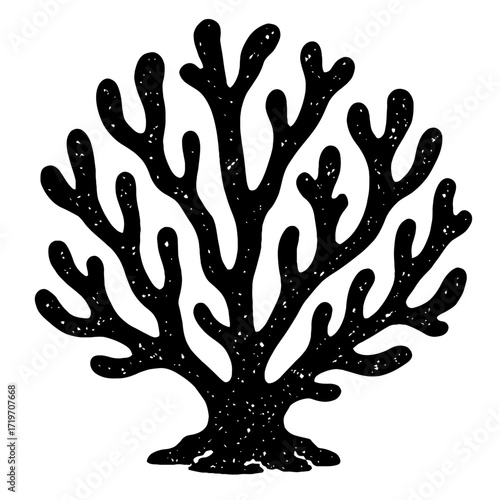 Elegant Black and White Distressed Coral Silhouette Vector Art: A Hand-Drawn Textured Marine Plant Graphic for Vintage Ocean-Themed Designs, Botanical Illustrations, and Organic Nature Emblems, Perfec