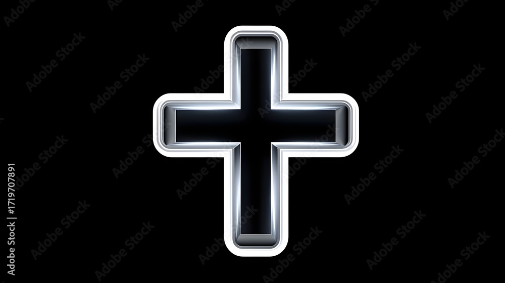 Obraz premium A simple, stylized Christian cross icon in white against a solid black background, creating a bold, minimalist and elegant graphic design.