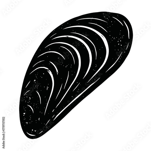 Stylized Black and White Mussel Shell Illustration: A Detailed Vector Graphic of a Marine Bivalve Mollusk, Perfect for Seafood Menus, Coastal Decor, or Nature-Themed Designs with a Vintage, Distressed