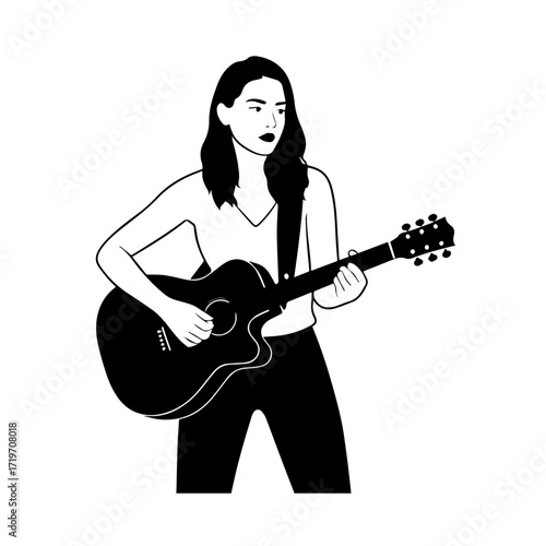 Black and white line art of a cool woman playing guitar in casual outfit minimalist stylish illustration