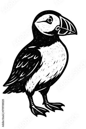 Striking linocut-style illustration of an Atlantic Puffin, captured in a minimalist black and white design with textured details, showcasing the iconic seabird's unique profile, perfect for nature ent