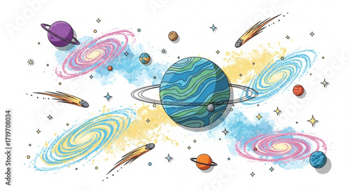 A colorful cartoon illustration of a planet surrounded by galaxies, comets, and stars, creating a whimsical and imaginative space scene