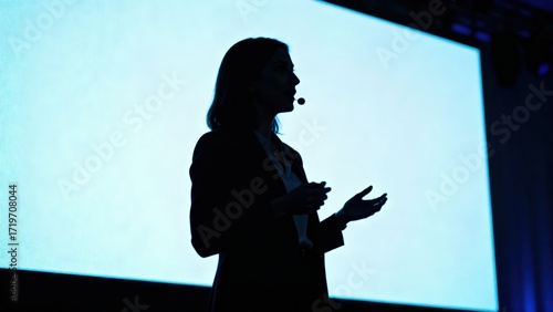Silhouette of a speaker presenting on stage with a bright background.