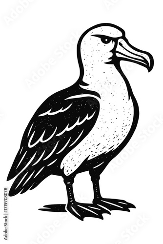 Striking black and white illustration of a majestic albatross, capturing its noble spirit and formidable presence in a textured woodcut style, ideal for vintage marine themes, avian art, and wildlife