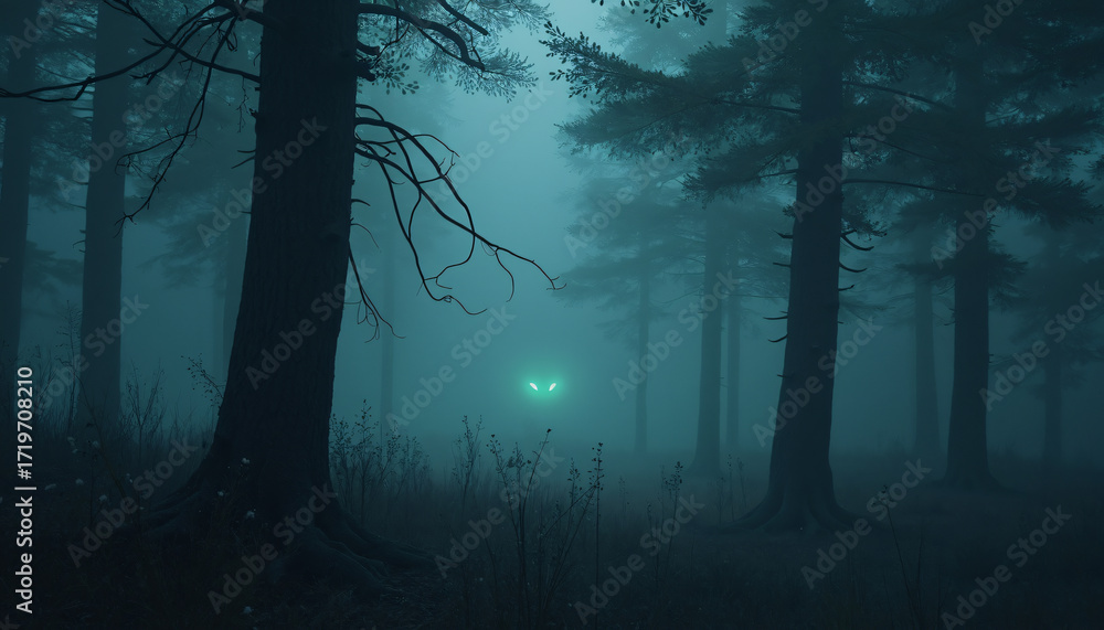 Fototapeta premium Misty forest with glowing eyes