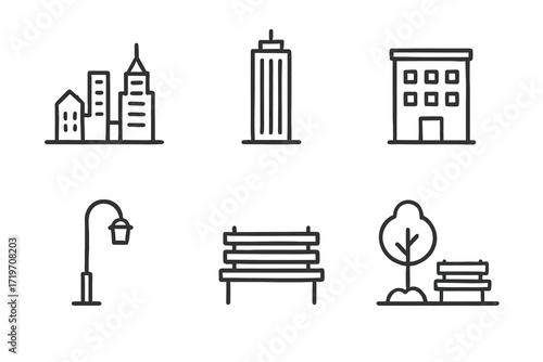 Outline of urban buildings and park elements with bench and tree