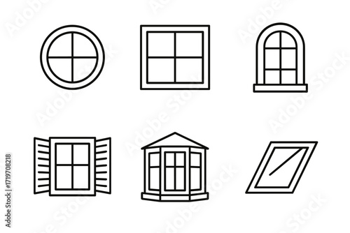 Collection of six different geometric window designs in black and white