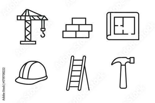 Construction tools and equipment icons: crane, bricks, blueprint, helmet, ladder, hammer
