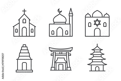Icon set of religious buildings: church, mosque, synagogue, temple, torii gate, pagoda