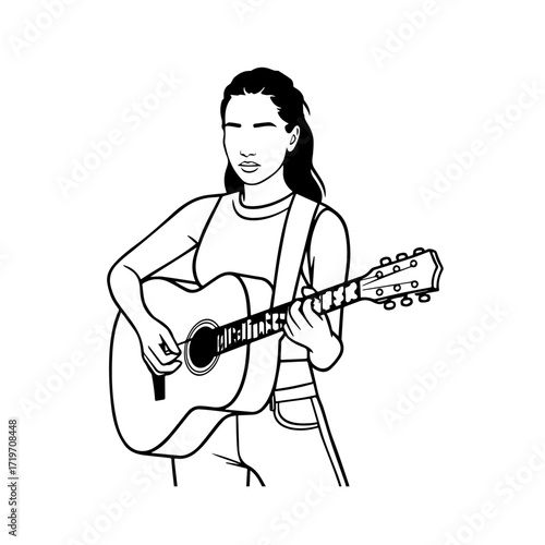 Black and white line art of a cool woman playing guitar in casual outfit minimalist stylish illustration