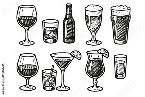 Variety of hand-drawn alcoholic drinks: wine, beer, cocktails, and shots