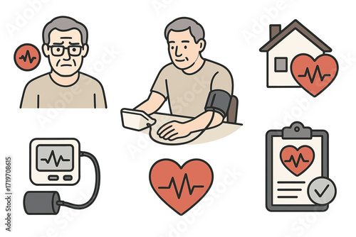 Elderly caucasian male monitoring blood pressure at home with heart health icons