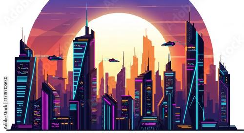 Futuristic cityscape at sunset with sleek skyscrapers, flying vehicles, and vibrant colors, creating a vision of tomorrow