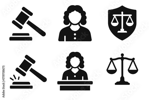 Legal icons collection: gavel, female judge, scales of justice, legal symbols