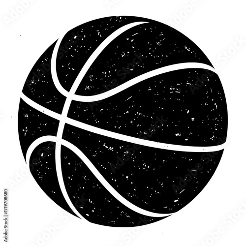 A classic basketball vector silhouette in black with a distressed grunge texture and white lines, perfectly suited for sports branding, dynamic team logos, athletic apparel, and various digital or pri