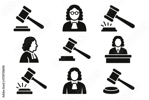 Legal icon set featuring judges and gavels in various judicial positions