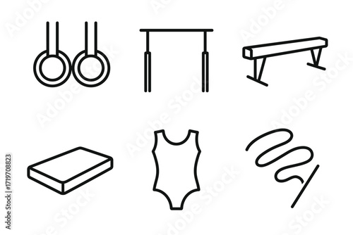 Line art icons of gymnastics equipment: rings, bar, beam, mat, leotard, ribbon