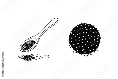 Hand drawn illustration of black peppercorns and a spoonful