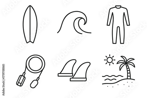 Surfing equipment icons: board, wave, wetsuit, leash, fins, beach