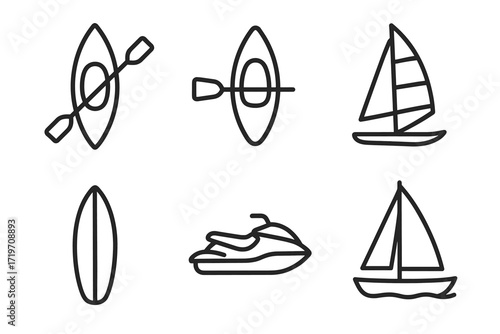Minimalist outline icons of kayaks, sailboats, surfboard, and jetski